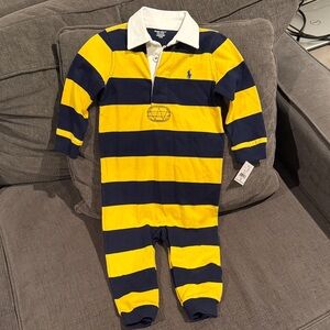 Brand New Ralph Lauren Yellow & Navy Striped Baby Rugby One-Piece